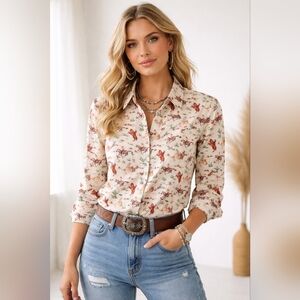 Layerz Western Horse Print Button Down Shirt Sz Medium